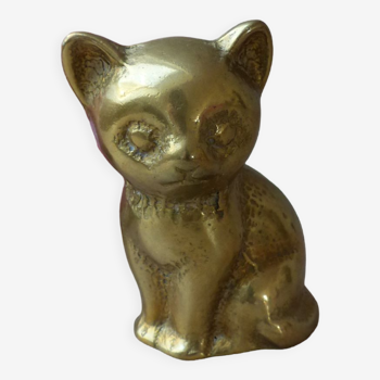 Figurine statuette mignon chat assis en laiton doré massif lourd creux vintage