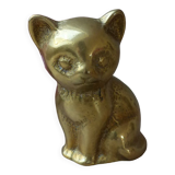 Figurine statuette mignon chat assis en laiton doré massif lourd creux vintage