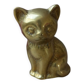 Figurine statuette mignon chat assis en laiton doré massif lourd creux vintage