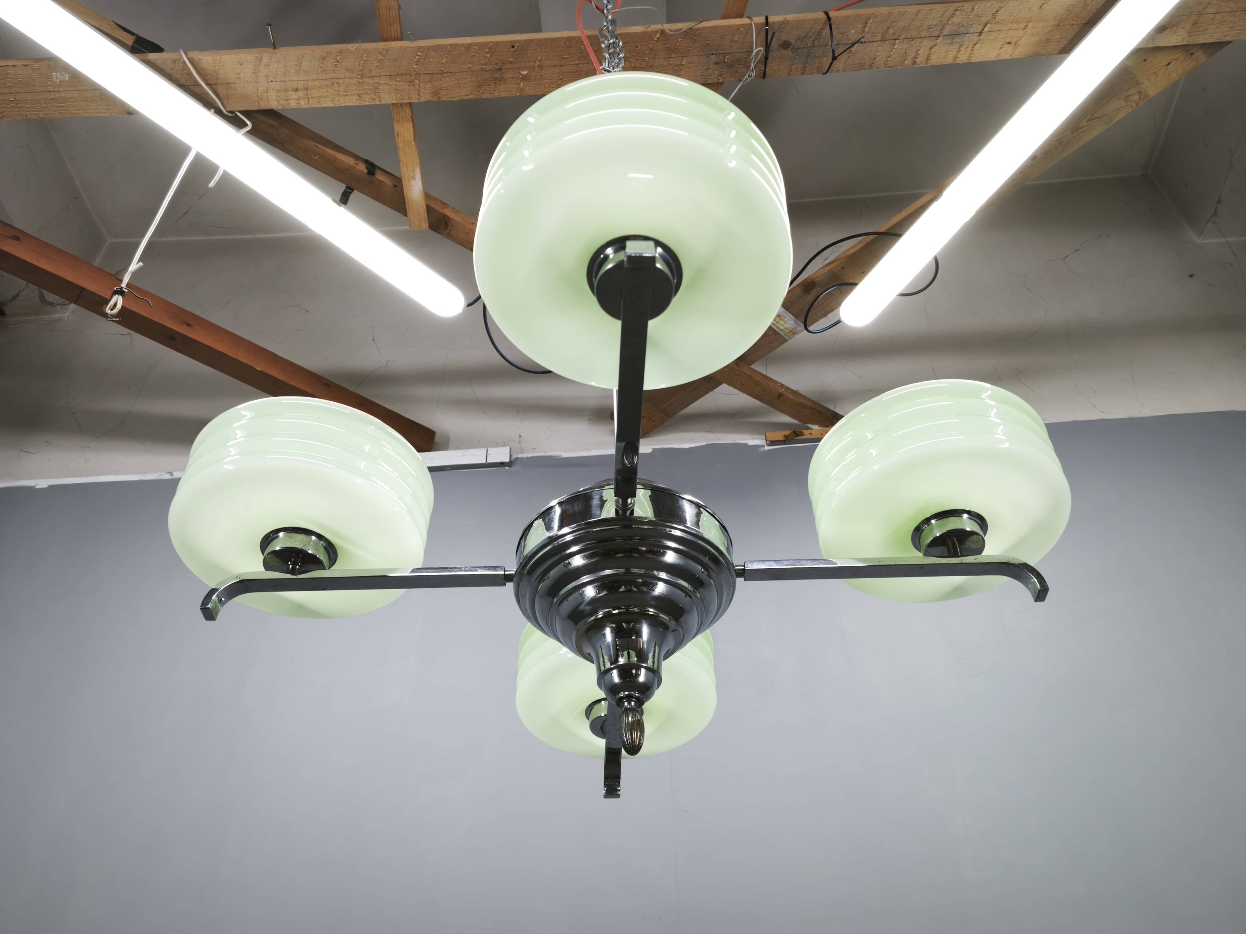 Art Deco Green Opaline Glass Chandelier, Czechoslovakia 1930s