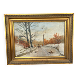 painting Winter landscape with cart and pheasants signed FH