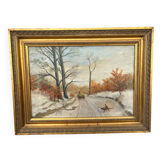 painting Winter landscape with cart and pheasants signed FH