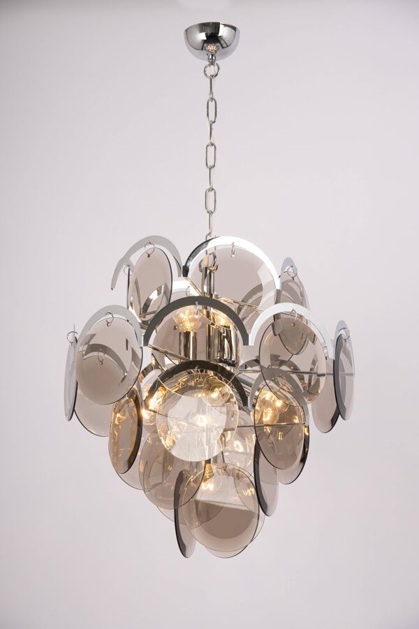 Vistosi Suspension Chrome à Disques en Verre Fumé, Italie, Années 1970