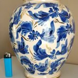 Vase vintage Hubert Bequet Quaregnon, oiseau du paradis bleu et dorure
