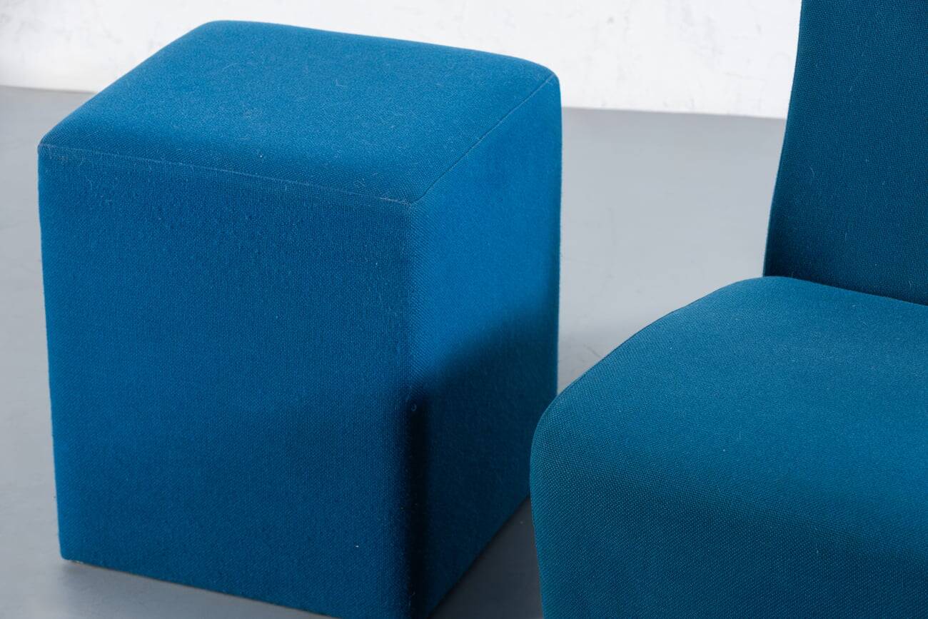 Vintage blue fabric armchair with ottoman, Italy, 1970s