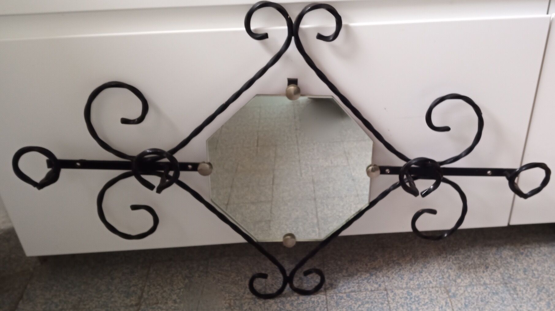 Wall coat rack in wrought iron and mirror 1950