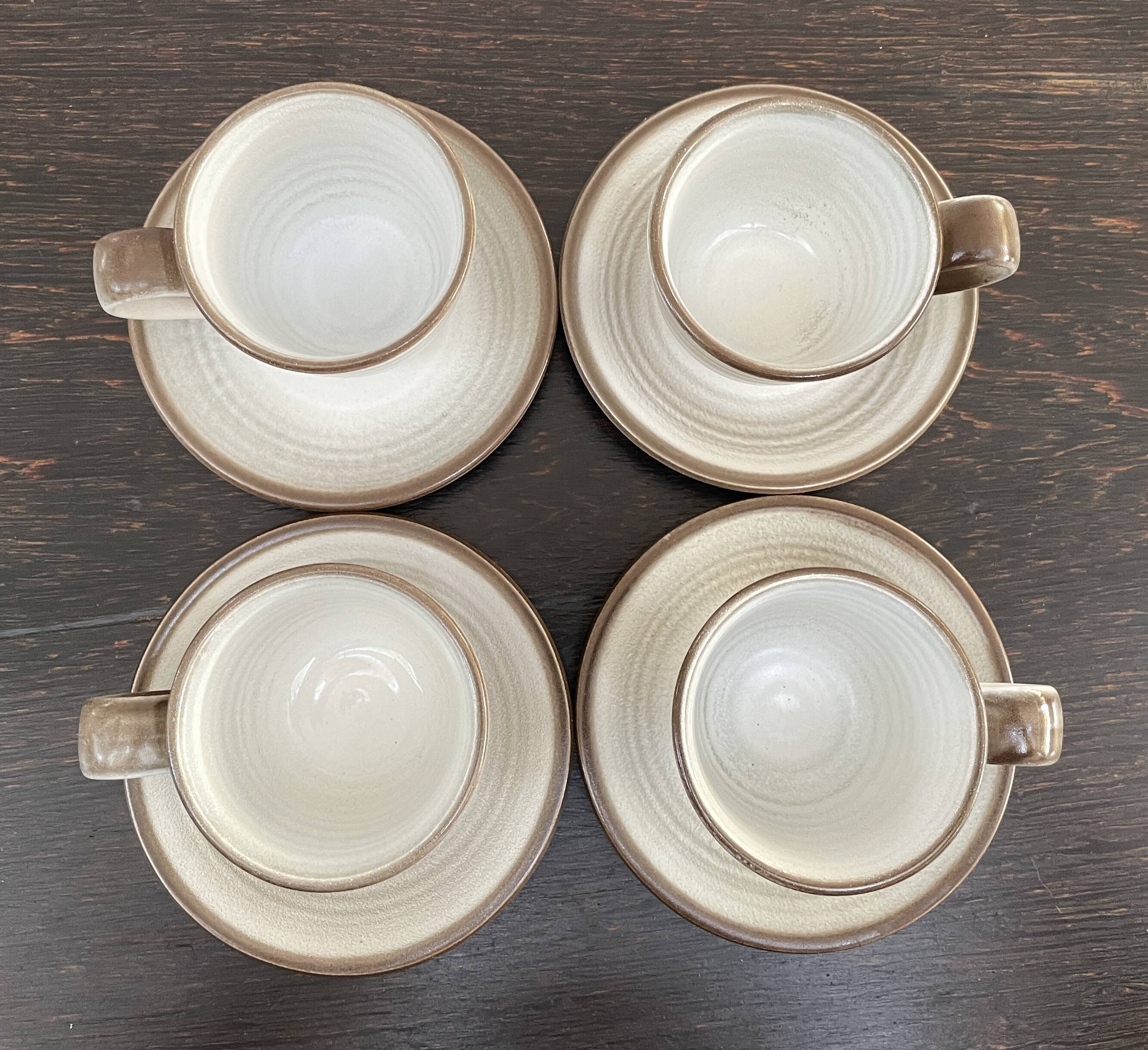 Set of 4 cups and saucers + milk jug - Stoneware - Salins-France - 70s
