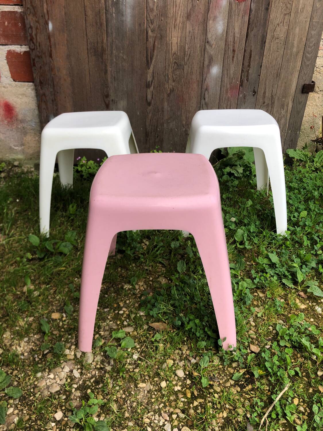 Series of 3 old vintage white & pink plastic stools