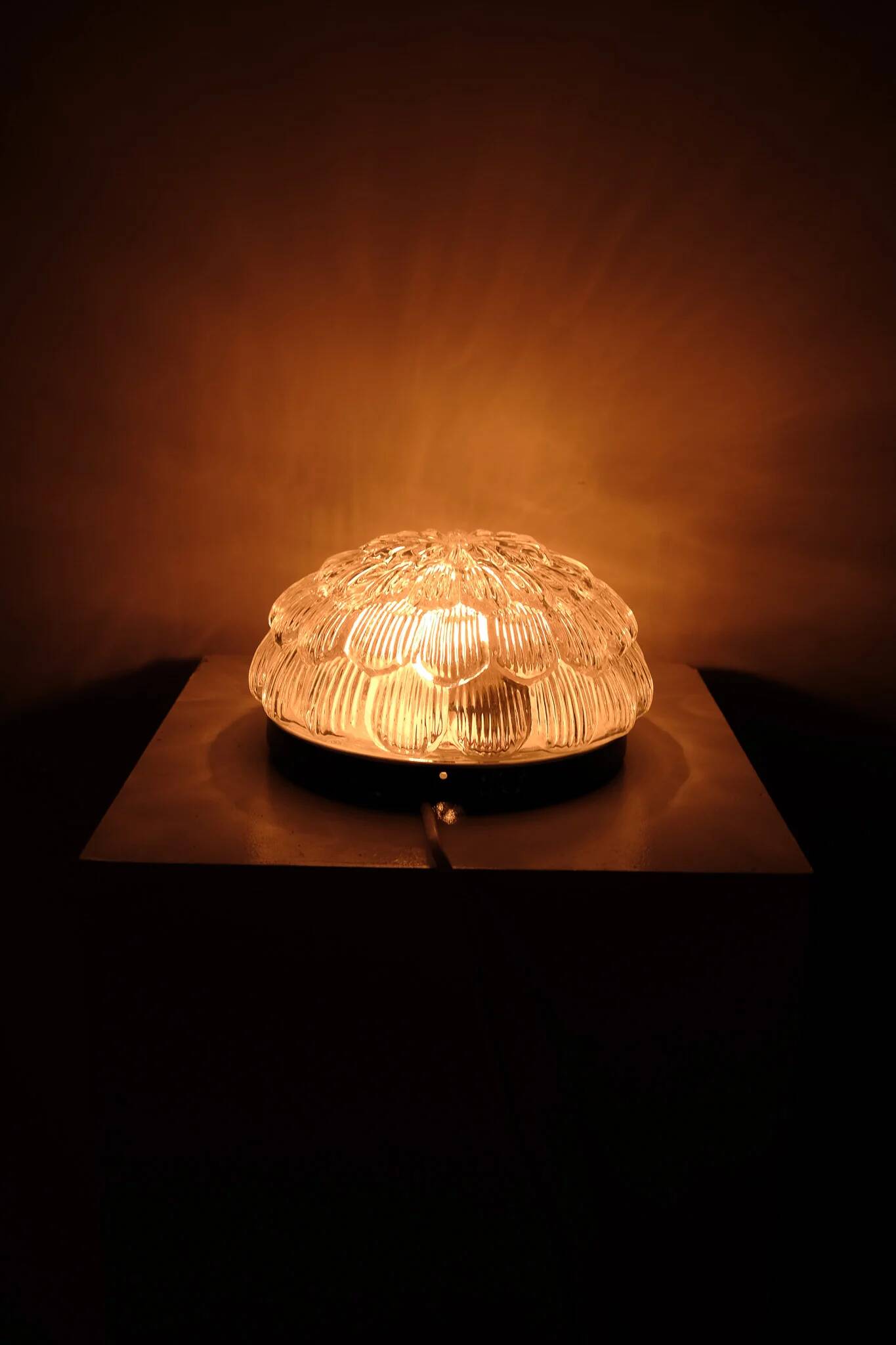 Vintage round glass ceiling light in the shape of a flower, 1970s.