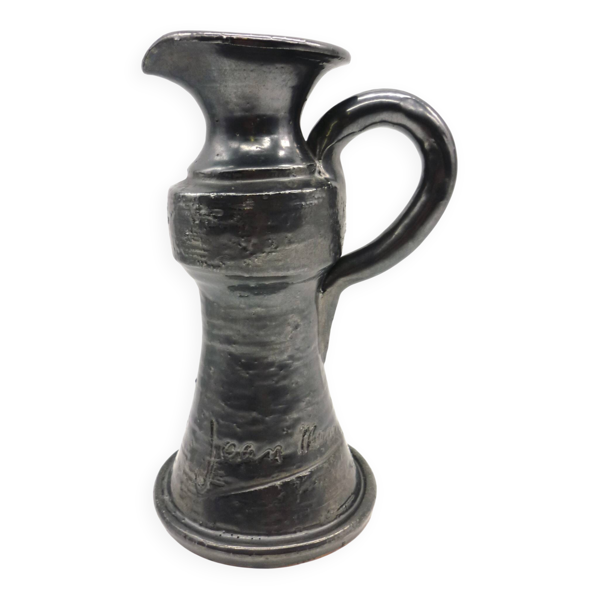 Vase pichet en céramique émaillée noire métal, signé Jean Marais, Vallauris