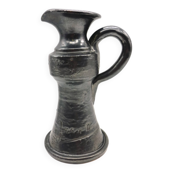 Vase pichet en céramique émaillée noire métal, signé Jean Marais, Vallauris