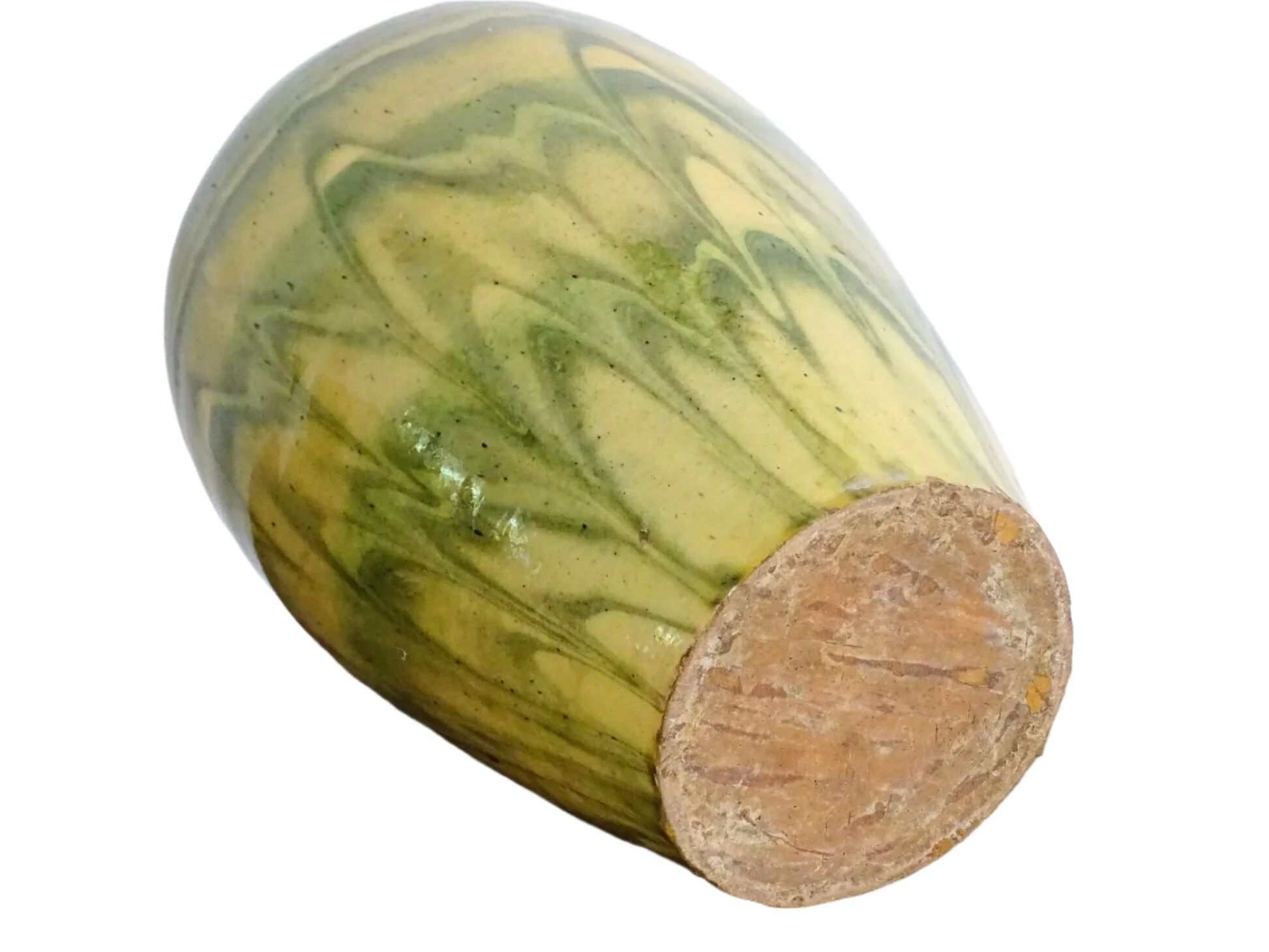 Vase ancien français en terre cuite à glaçure verte et jaune