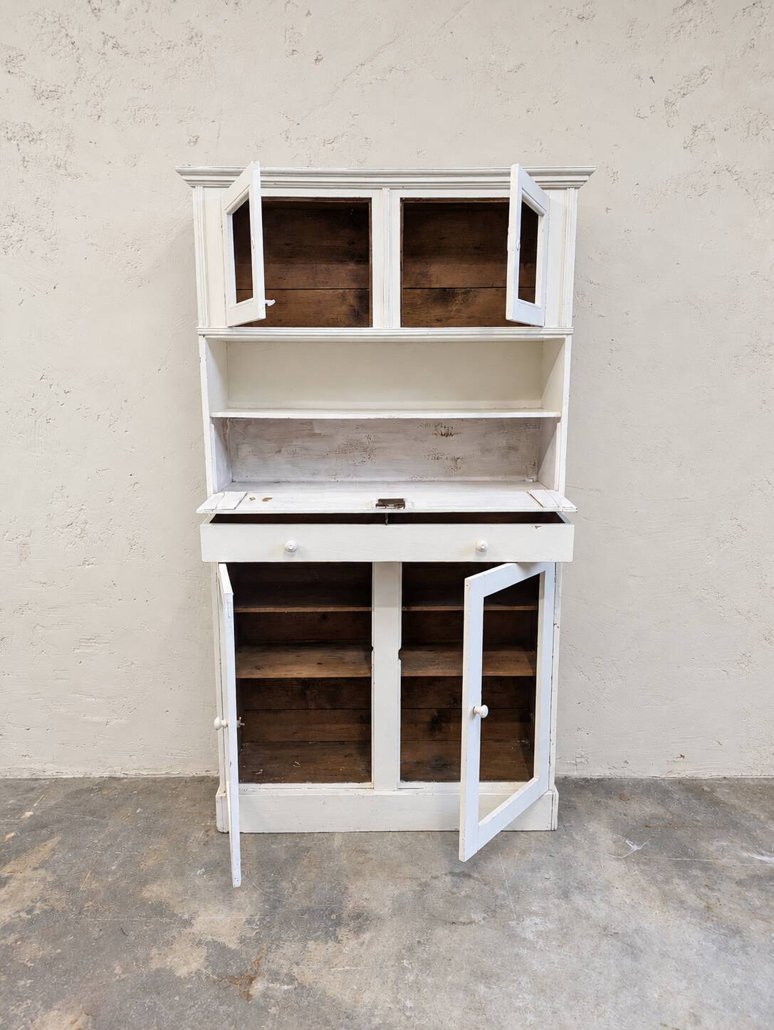 Antique kitchen cupboard / bookshelf, off-white patina