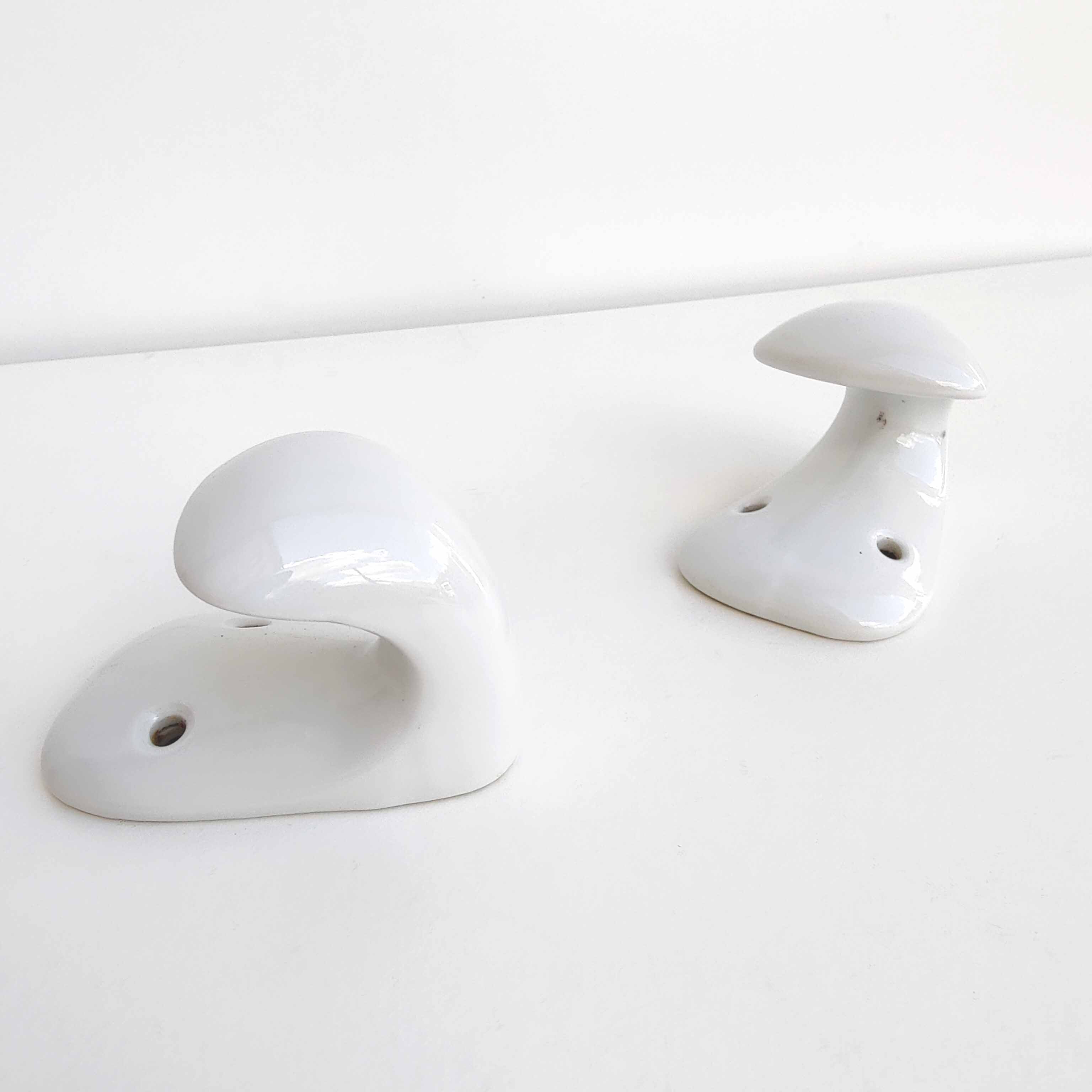 Pair of bathroom hooks or kitchen in white ceramic 1950