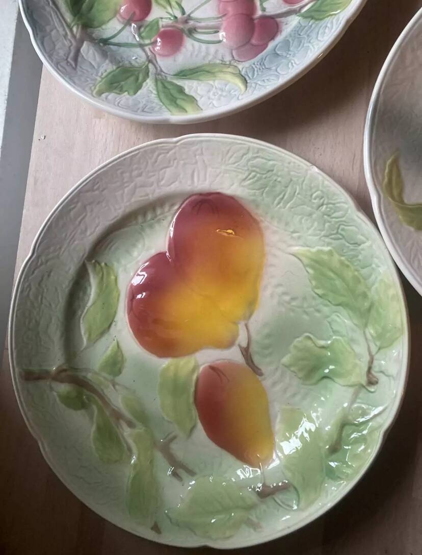 Set of 5 flat plates in Saint-Clément Barbotine earthenware with seasonal fruit motifs