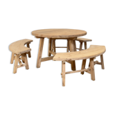 Table ronde et bancs vintage en bois 1960