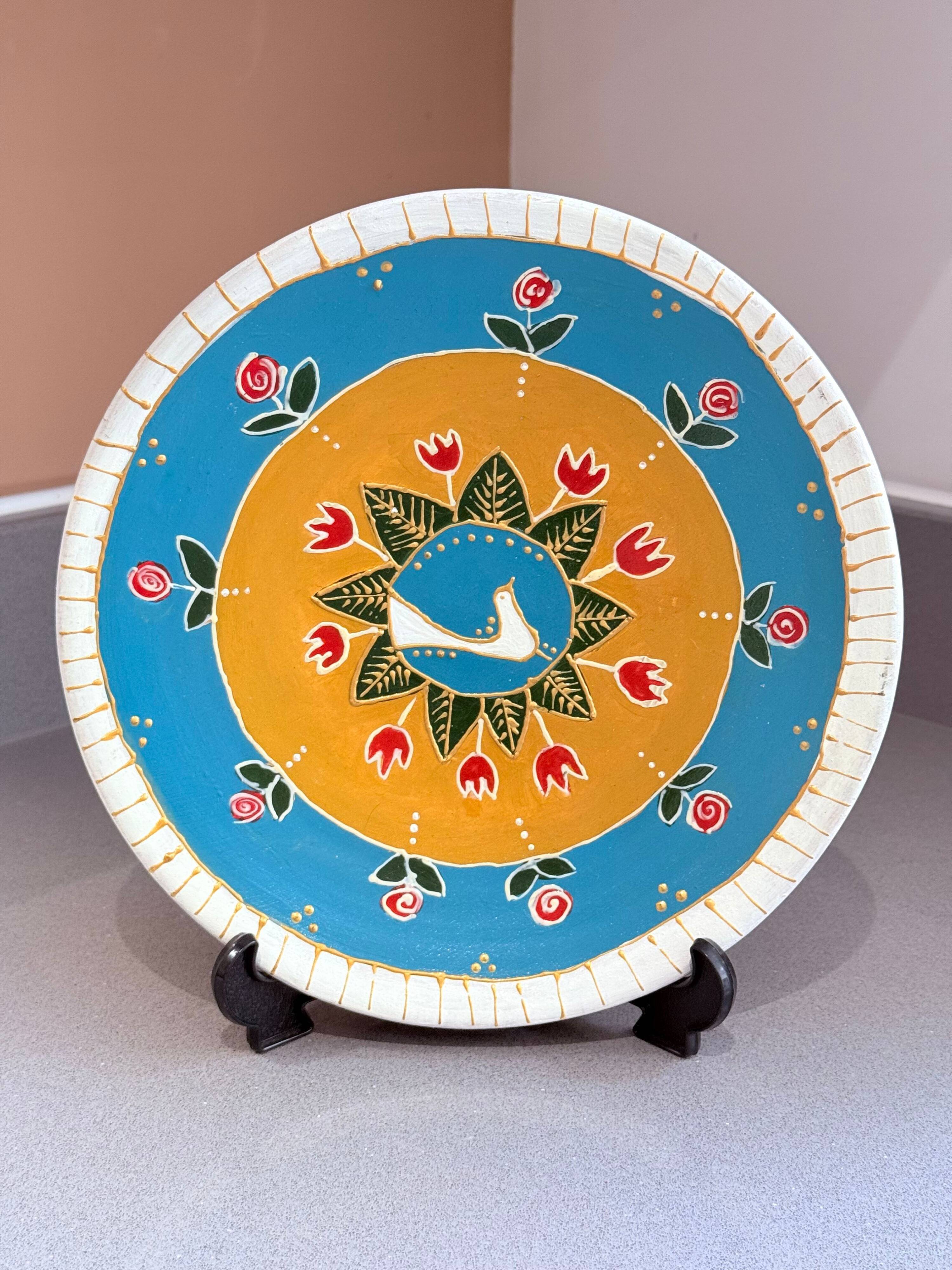 Hand-Painted Wall Decorative Ceramic Plate with Dove & Floral Folk Art Design