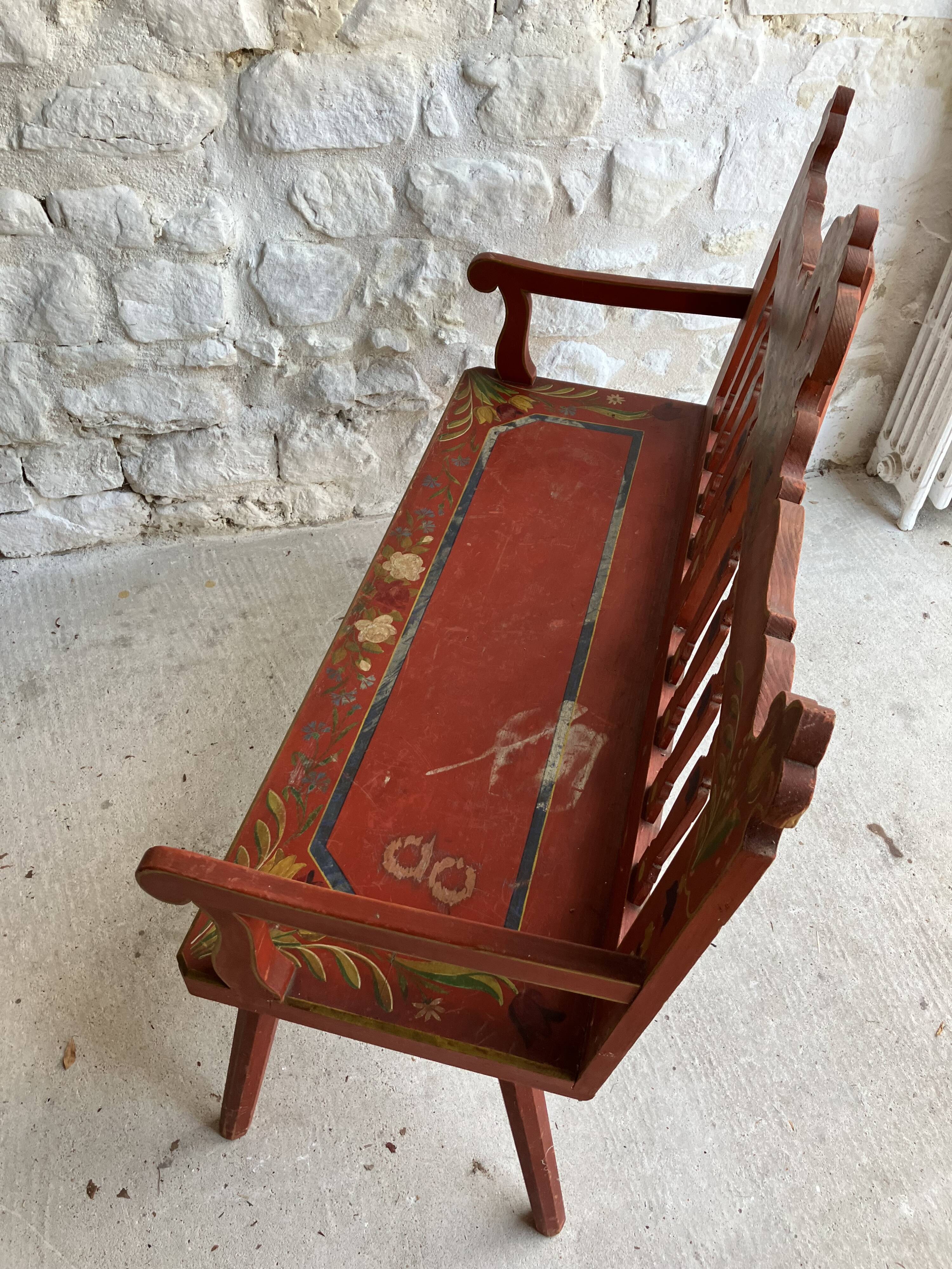 Folk bench in painted wood - Eastern Europe probably Hungary - early 20th century