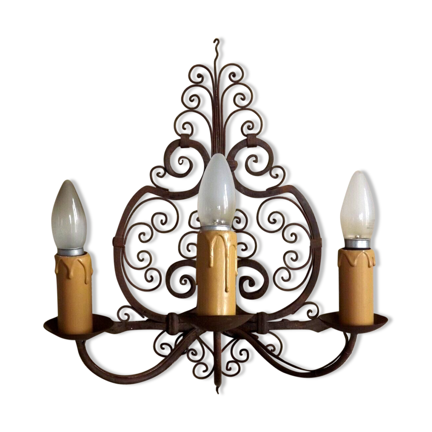 French triple wall sconce in wrought iron, early 20th century.