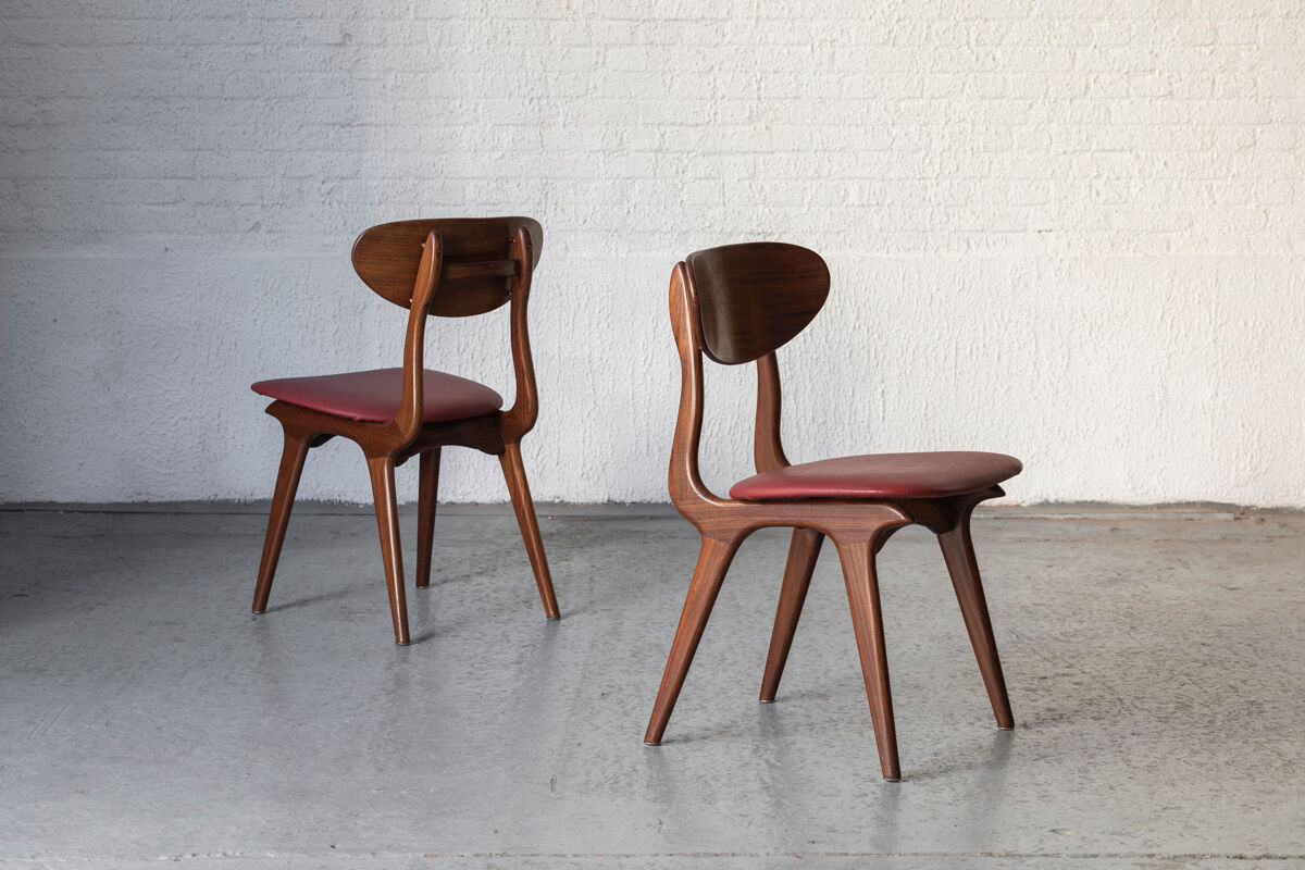 Set of 4 dining chairs in teak and burgundy by Louis van Teeffelen, The Netherlands, 1960’s