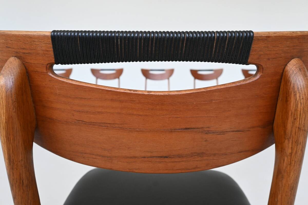 Set of six Danish dining chairs in teak and faux leather Denmark 1960