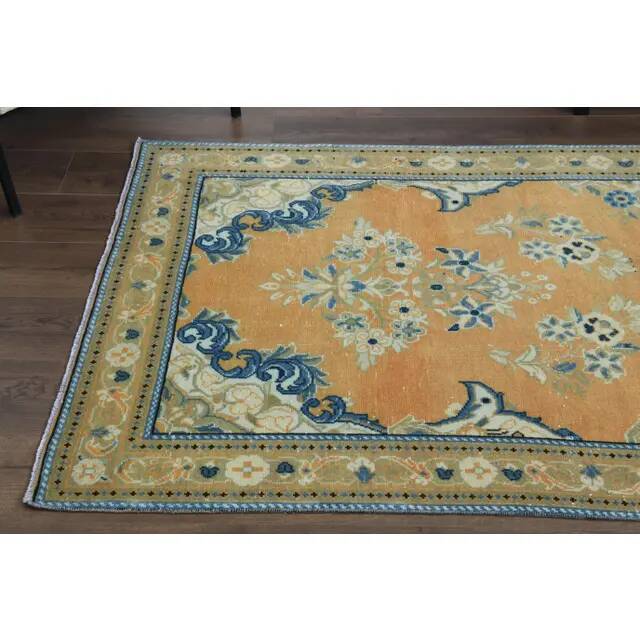 1970s Vintage Turkish Oushak Handmade Wool Cotton Orange Runner Rug 117x312