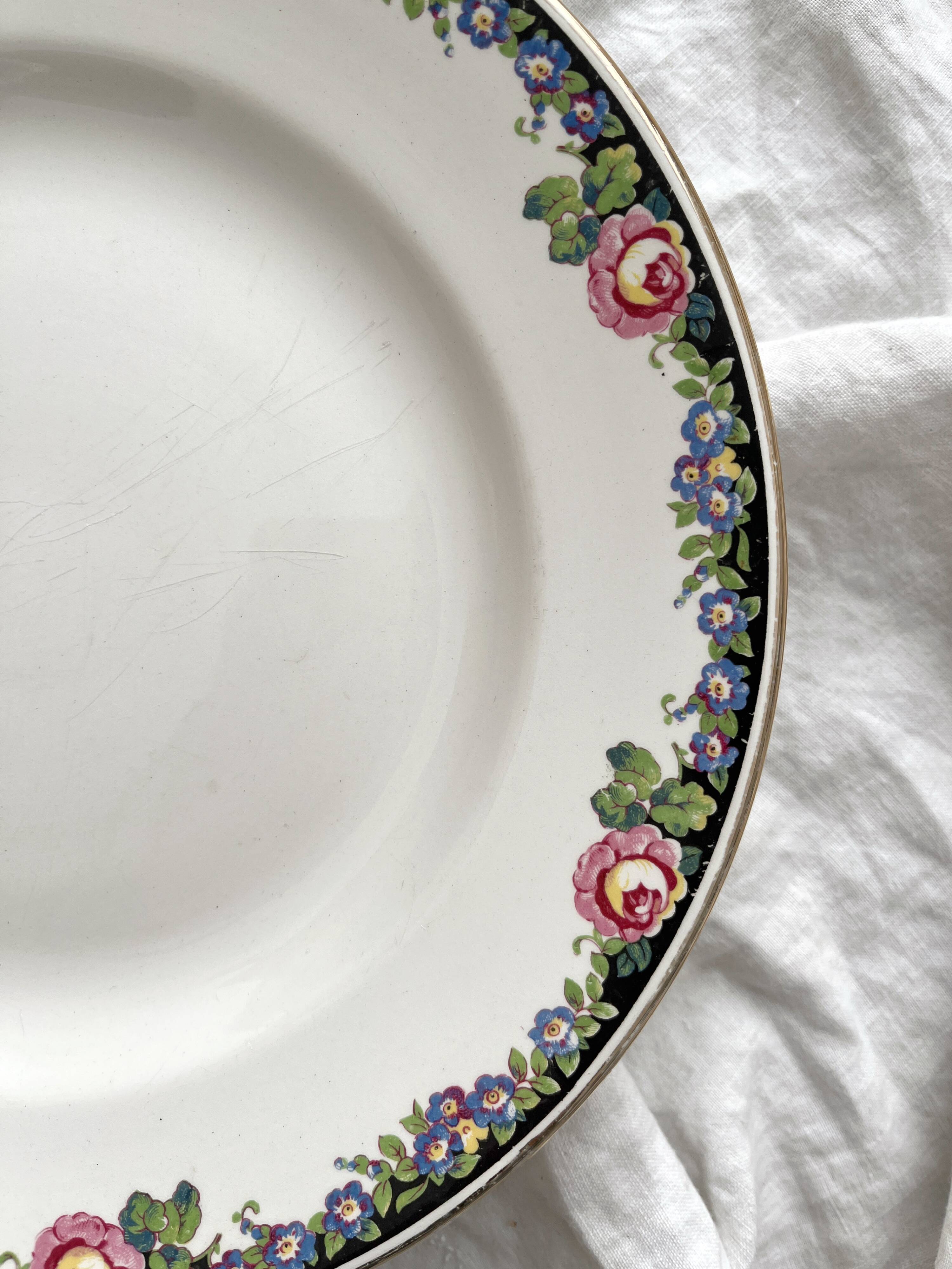 Compotier bas frise fleuries noire Digoin et Sarreguemines vintage