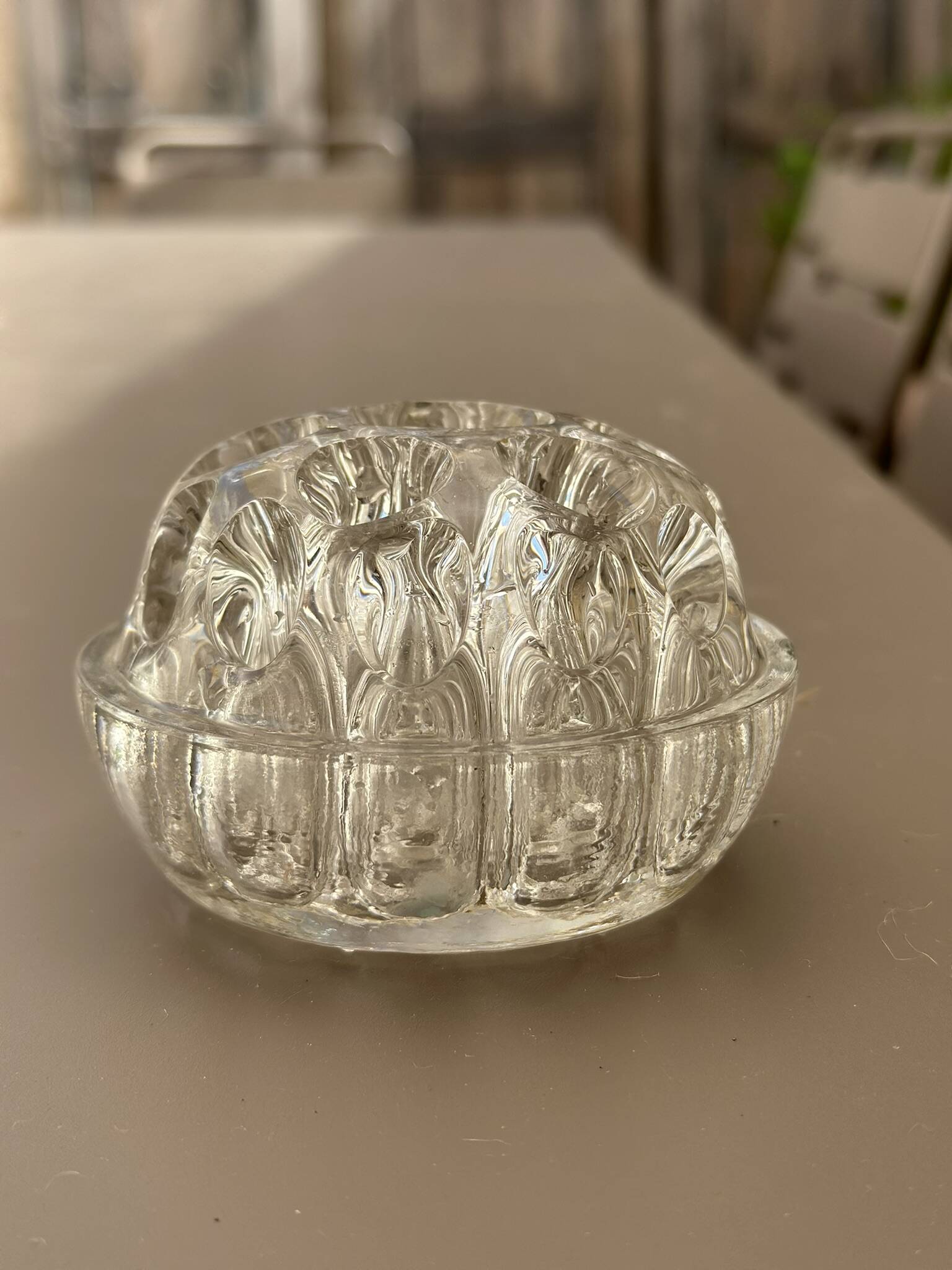 Set of 2 antique glass pressed transparent flower holders