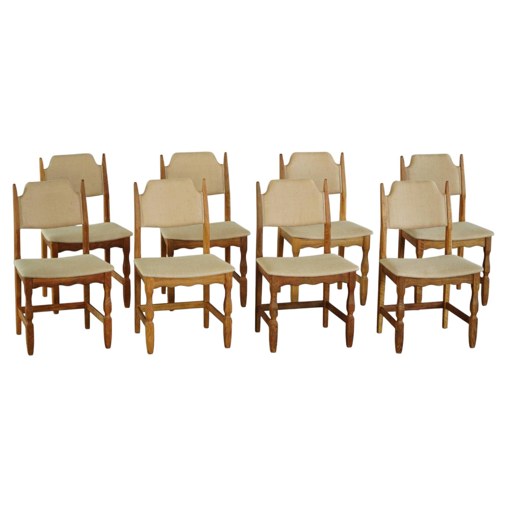 Henning Kjærnulf, set of 8 chairs, Oak and Hessian, Mid Century Modern, 1960s