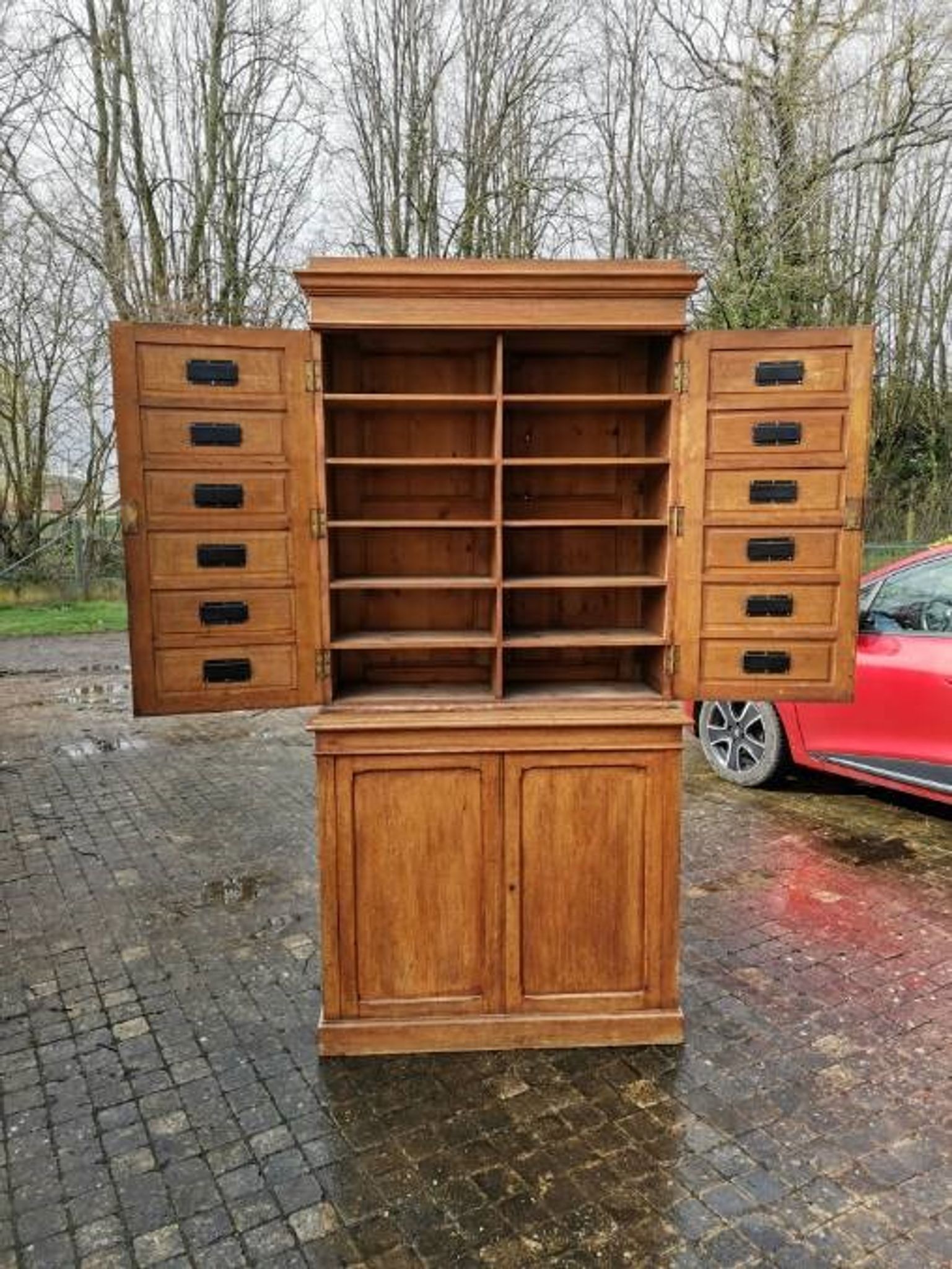 Solid oak store furniture with label door on doors
