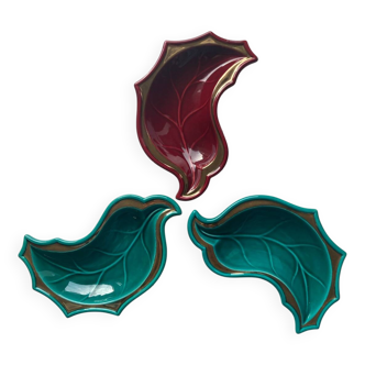 3 Verceram green and burgundy leaf bowls