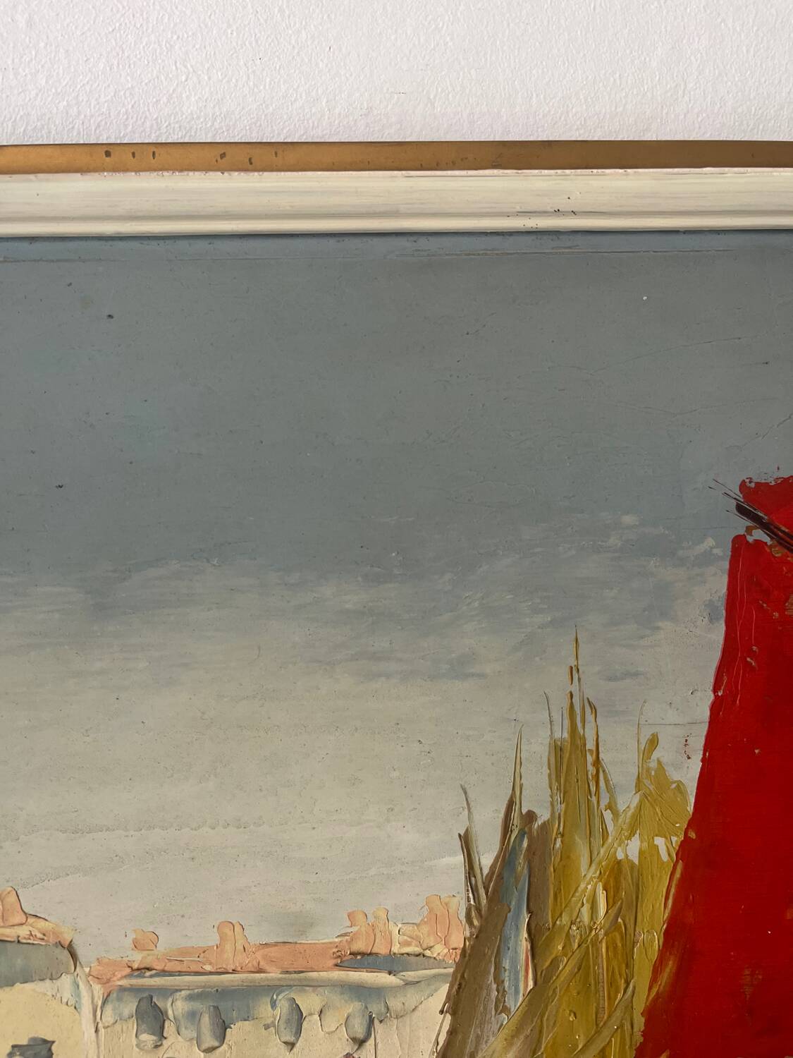 Marine, "Red Sail" technique with knife on panel signed Riccy.