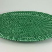 Part of service a fish Sarreguemines 22 pieces in faience green carp