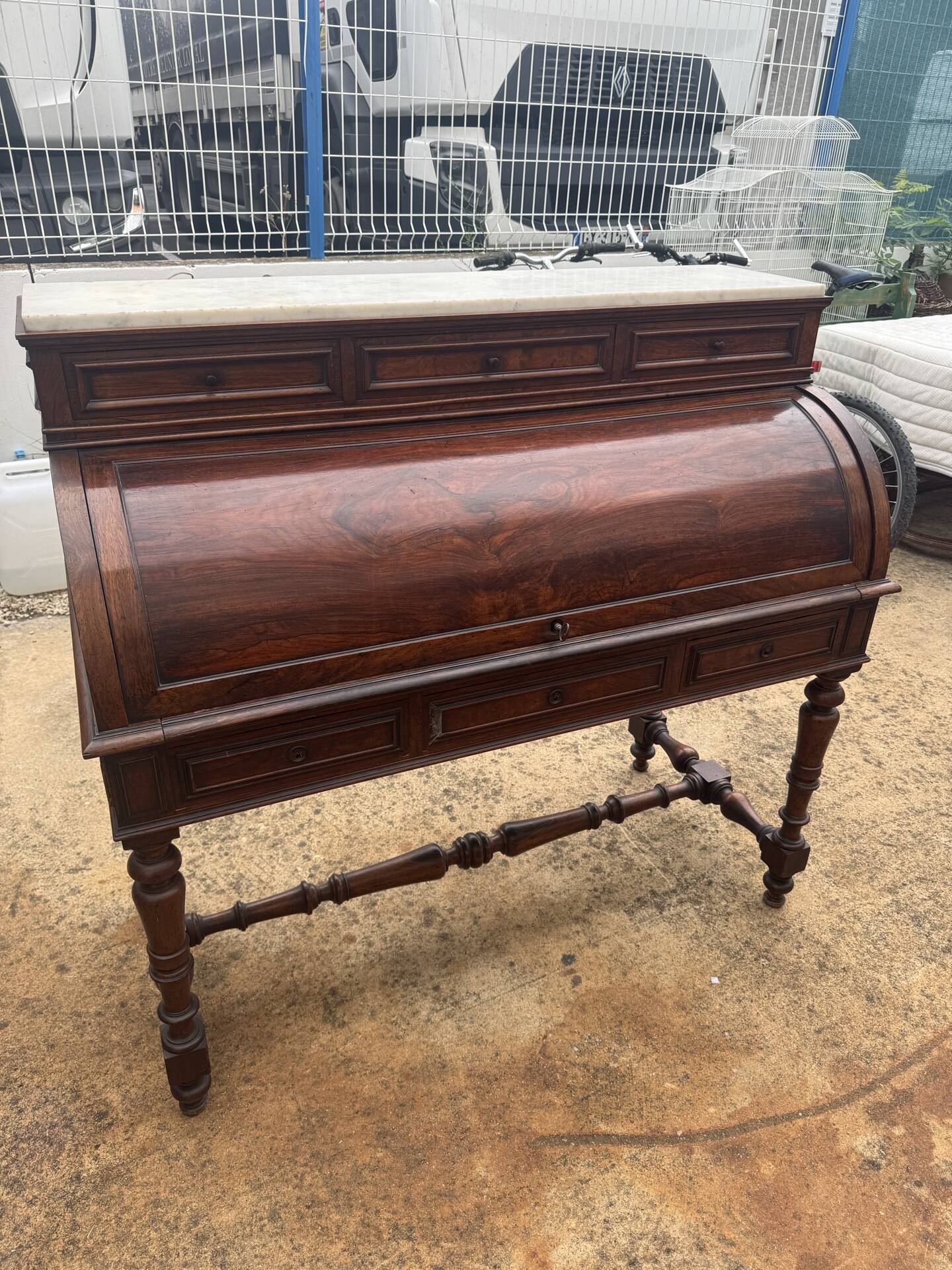 Secretary cylinder Mahogany white marble (Louis XVI style)