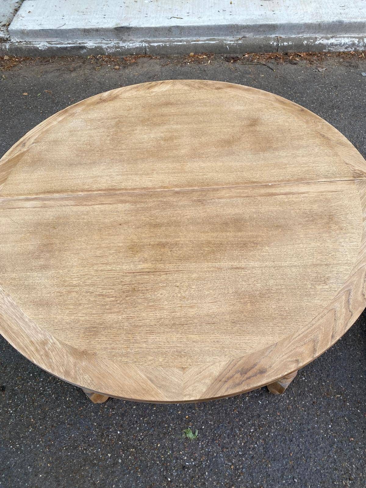 Extendable round farmhouse dining table renovated in raw oak 160cm 20th century