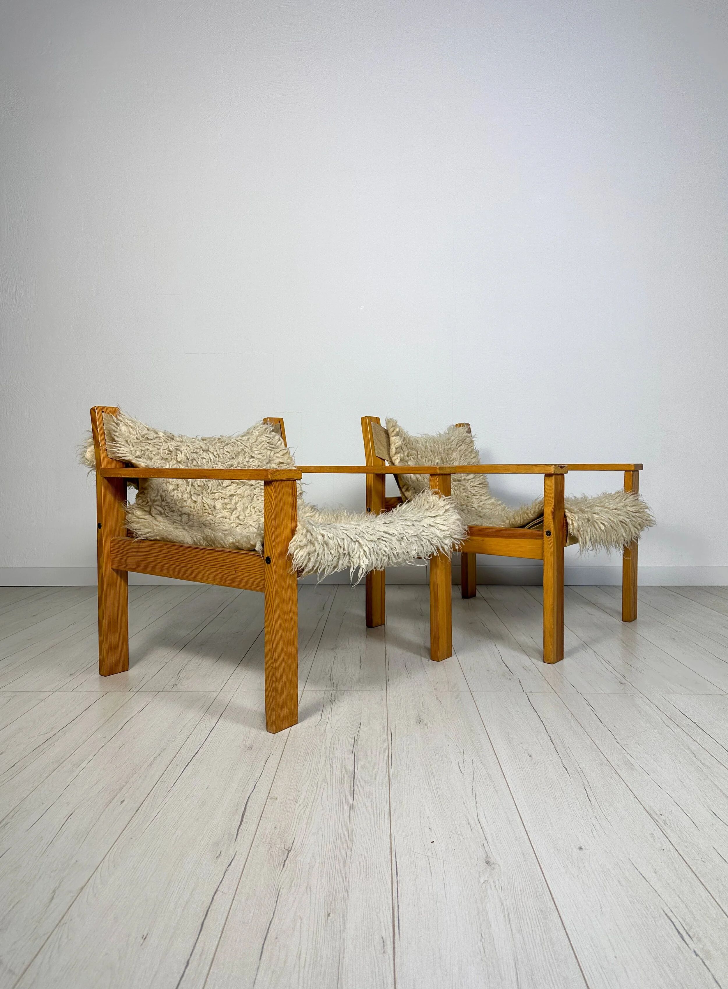'70s set of 2 pine & canvas lounge chairs by Erik Wørts for IKEA