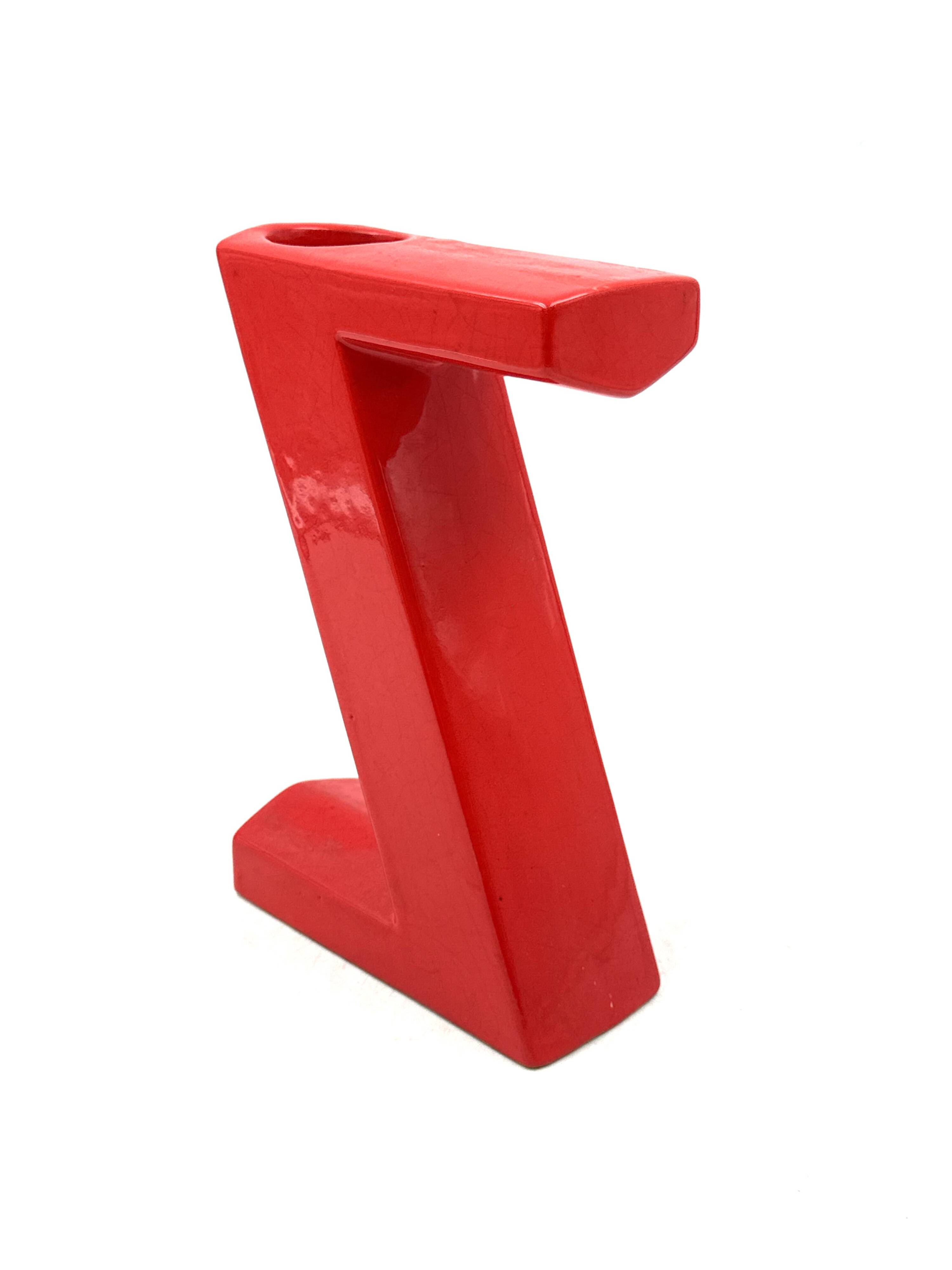Space age red Z letter ceramic solifleur vase, Marcel Radureau France 1970