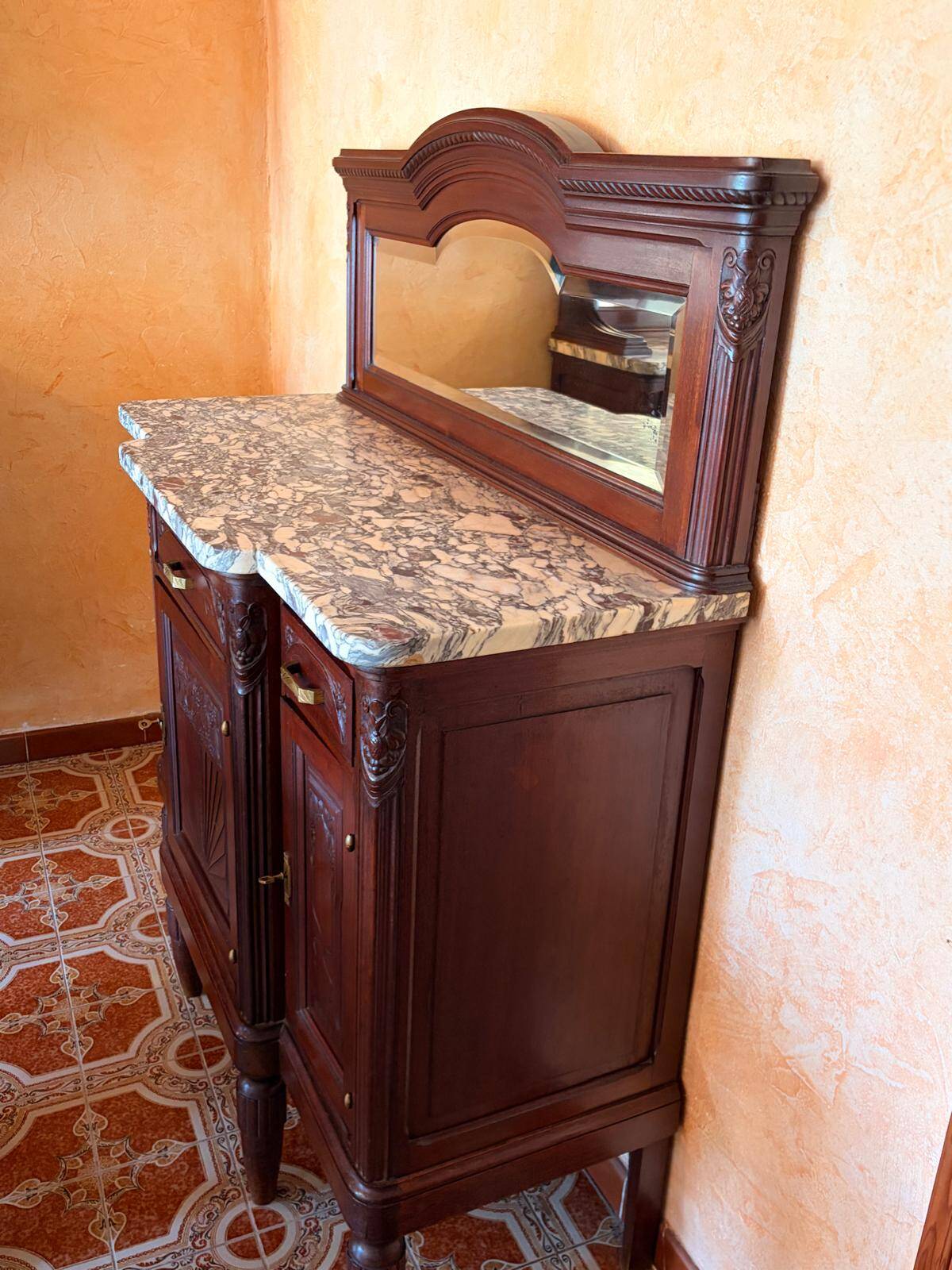 Buffet Art déco en bois, miroir et marbre