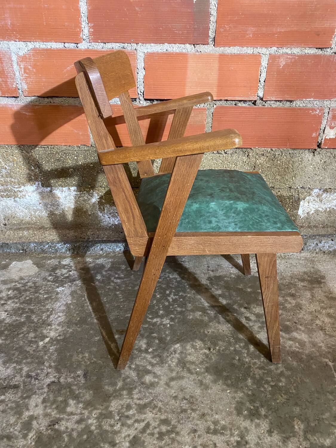 Fauteuil Bridge Ancien Pieds Compas & Skaï Vert Années 1960 Vintage #D