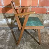 Fauteuil Bridge Ancien Pieds Compas & Skaï Vert Années 1960 Vintage #D