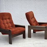 1970s, Danish armchair, orange/red furniture velour, dark oak wood.