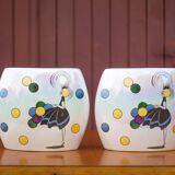 Pair of flat iridescent ceramic vase with girl motif with polychrome balloons, art deco vase, decoration