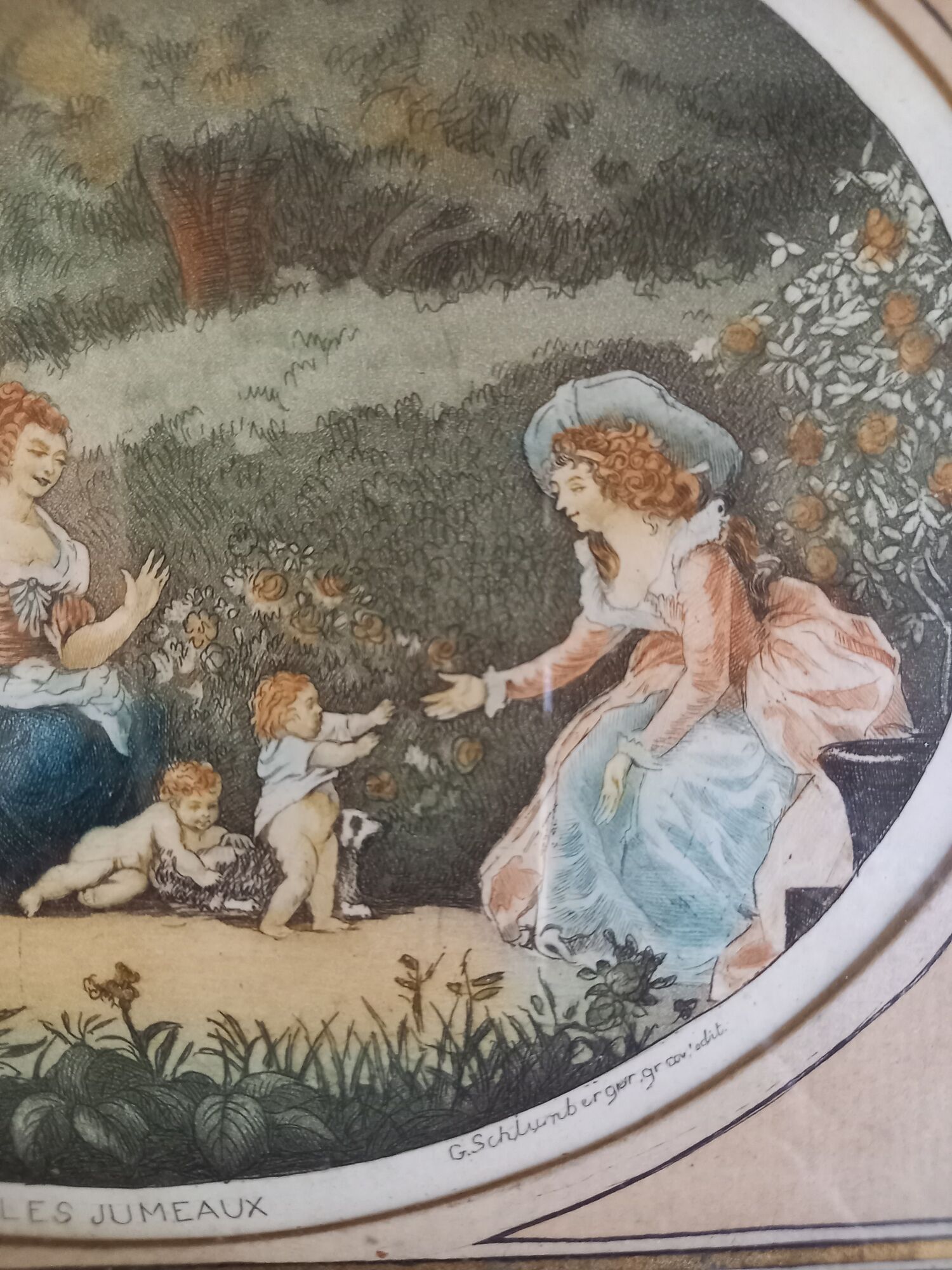 Antique print, country scene, entitled "the twins", engraved by G.Schlumberger (1807-1862)