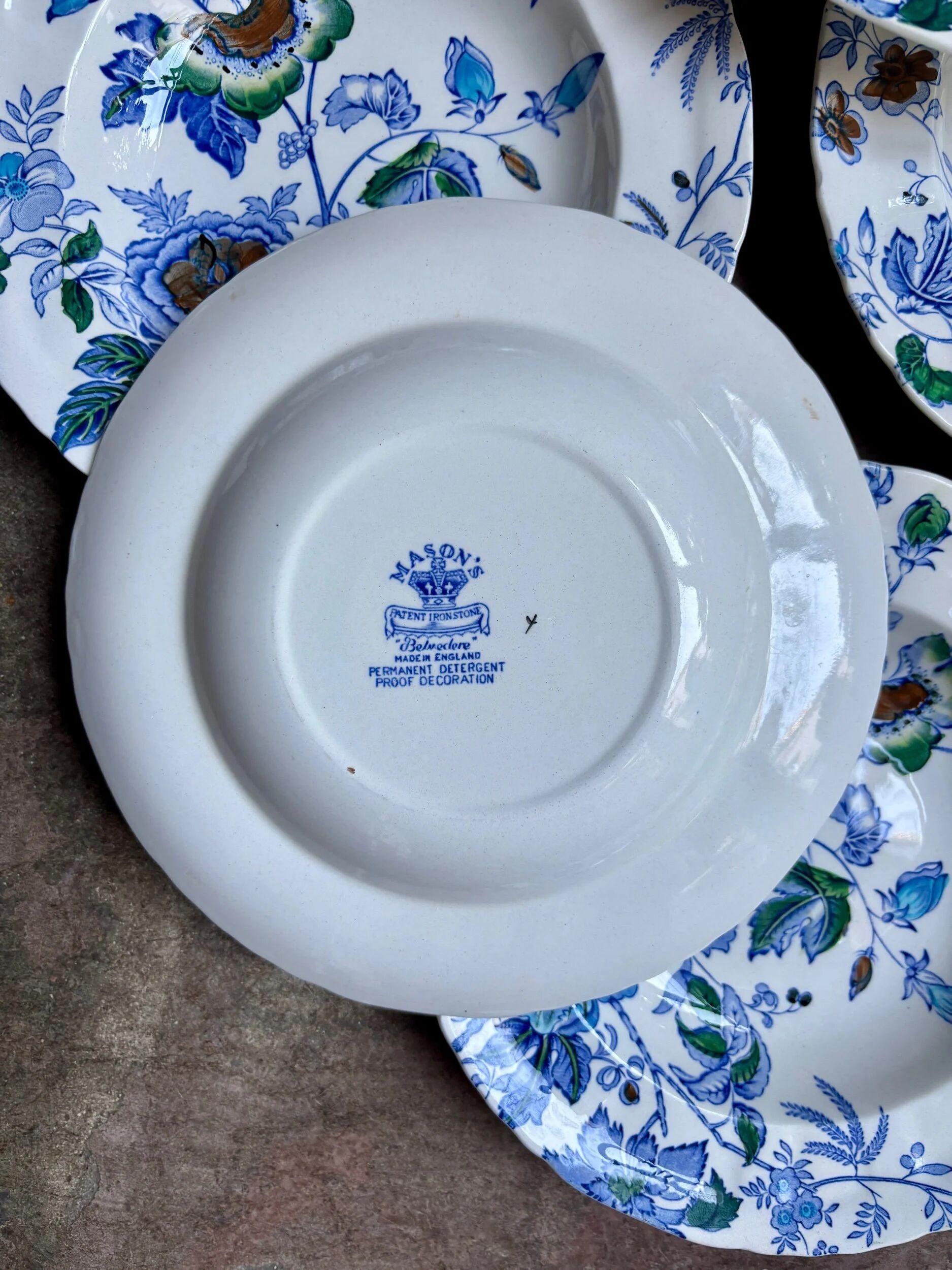 6 polychrome ironstone deep plates by Mason's, "Belvedere" service - early 20th century