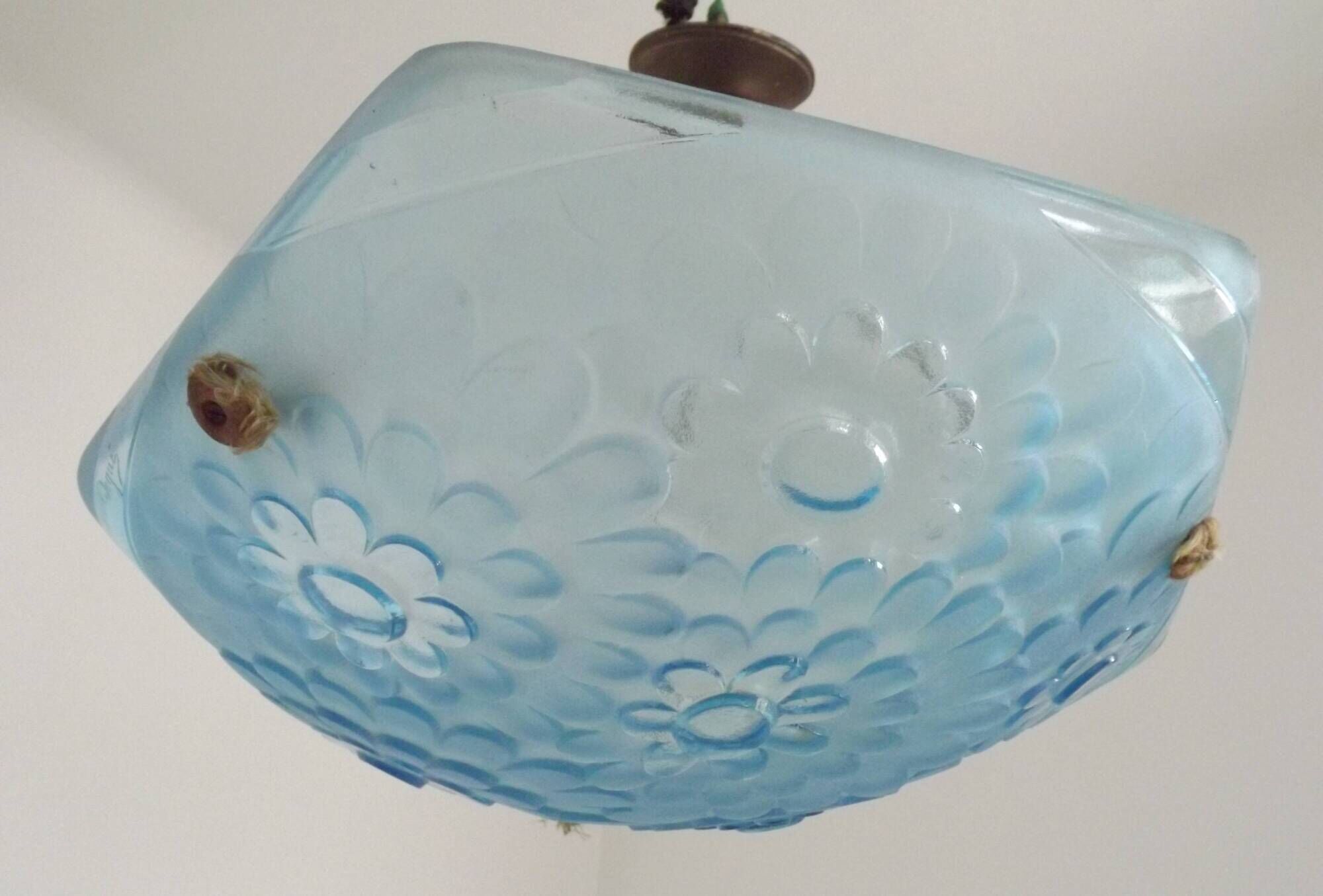 French Art Deco Degué Ice Blue Hexagonal Glass Pendant Ceiling Light