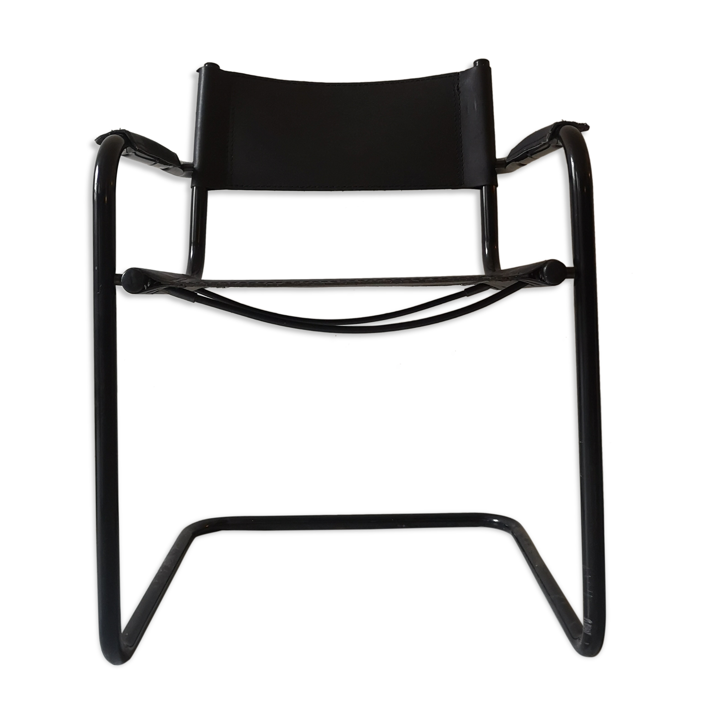 tubular armrest chair metal black matte & leather, Italy 1970