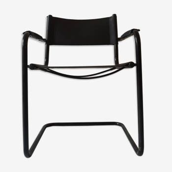 Chaise accoudoir tubulaire metal noir mat & cuir italie 1970