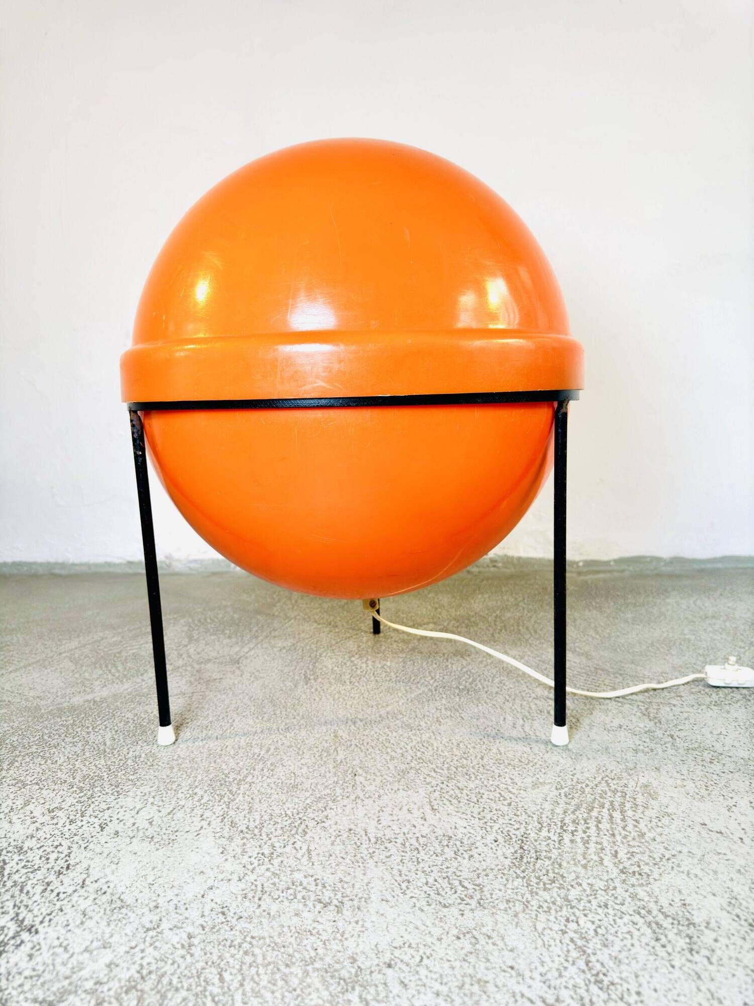 Large Space Age Tripod Sphere Floor Lamp In Orange By Unknown Designer, Around 1960S