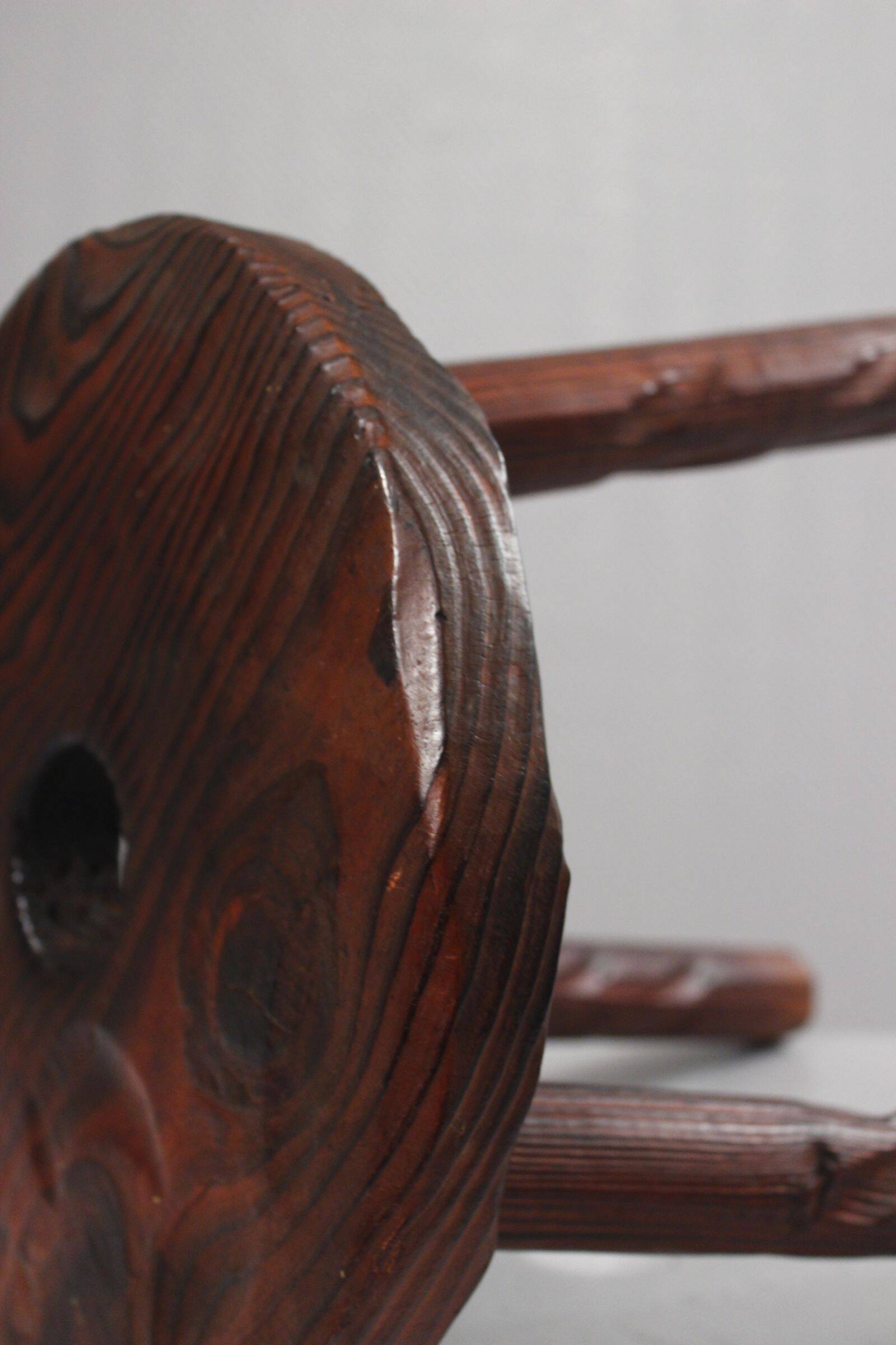 Brutalist tripod stool, solid pine, 1950s