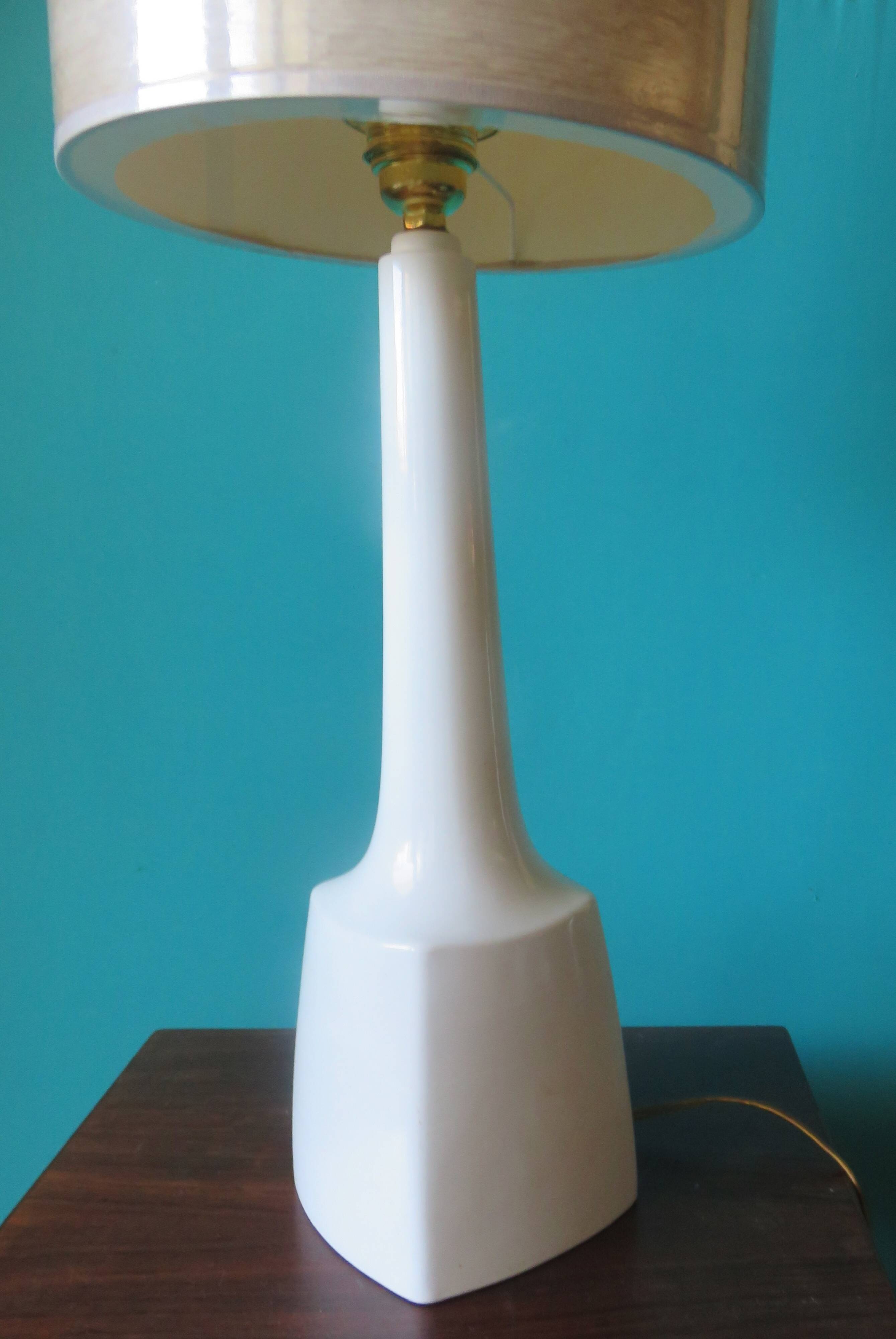 High white stone lamp, Danish design 1965 with a birch-style shade.
